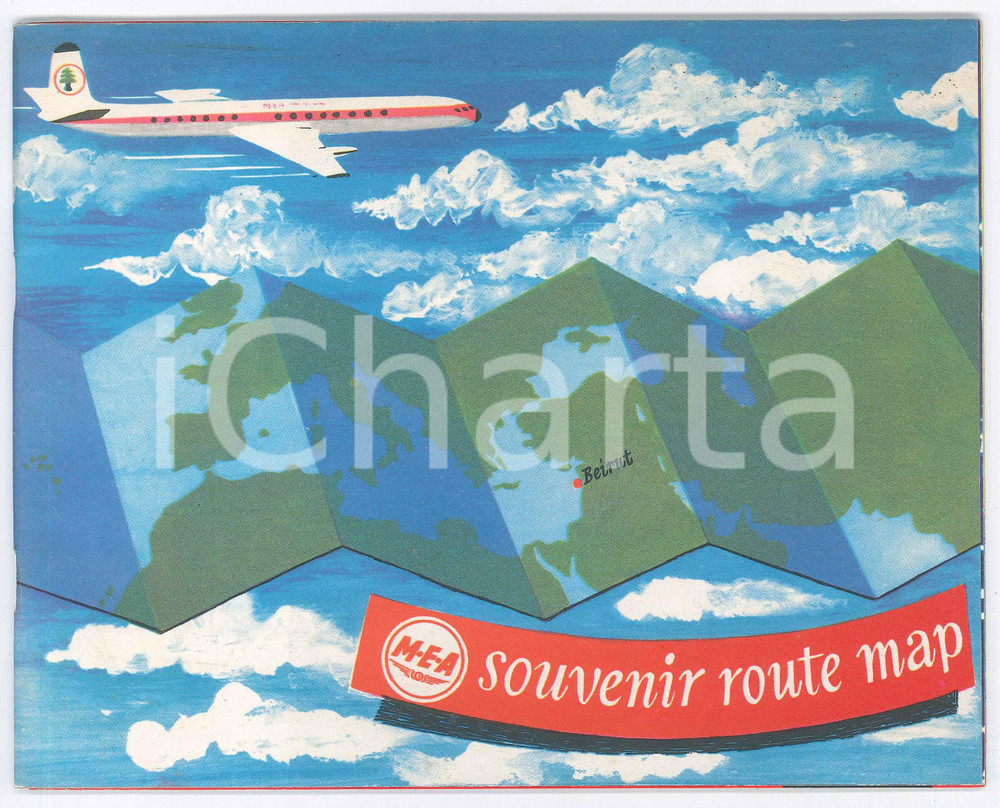 Materiale pubblicitario d’epoca 1955 ca MEA Middle Eastern Airlines  Souvenir route map 22x18 cm 1 1
