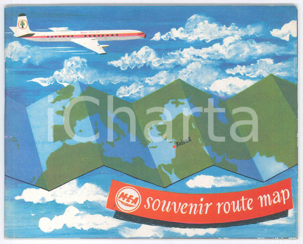 Materiale pubblicitario d’epoca 1955 ca MEA Middle Eastern Airlines  Souvenir route map 22x18 cm 1