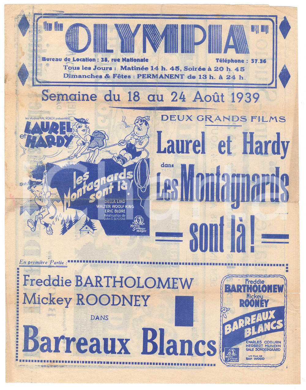 Materiale cinematografico d’epoca 1939 FRANCE Cinema OLYMPIA  LAUREL AND HARDY Mickey ROONEY Volantino 22x28 cm 1