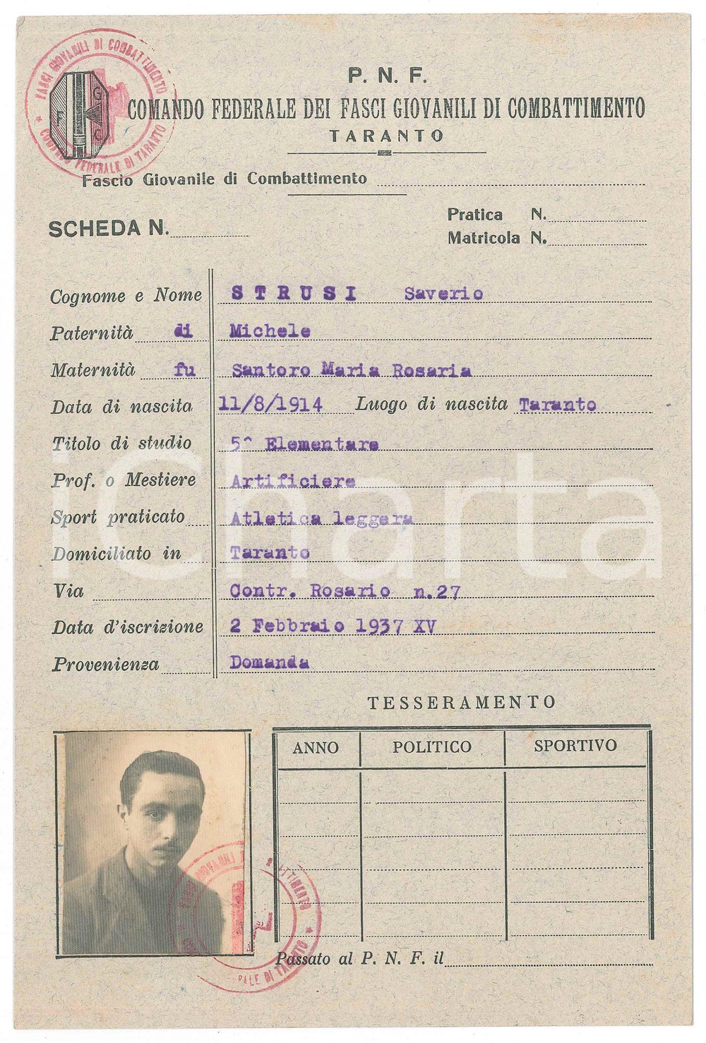 Oggetto da collezione cartaceo 1937 TARANTO  PNF Saverio STRUSI Iscrizione Fascio Giovanile di Combattimento 1