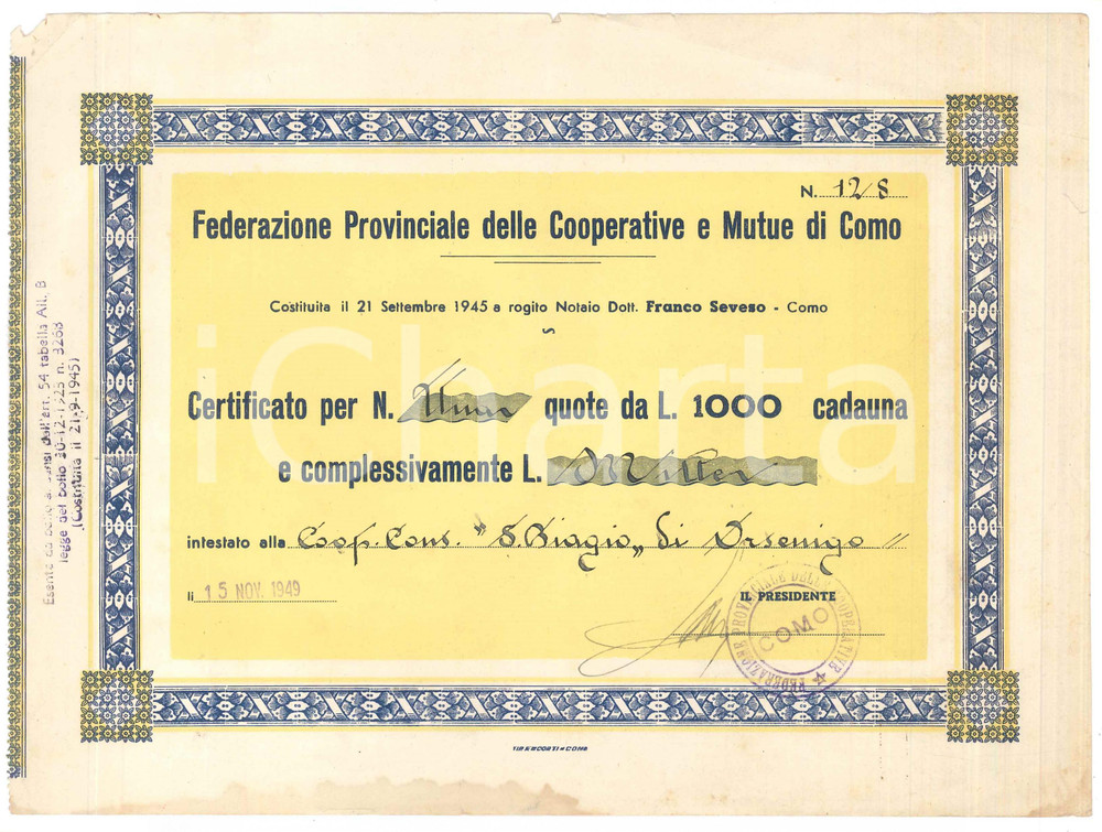 Oggetto da collezione cartaceo 1949 COMO Federazione provinciale cooperative e mutue  Certificato di quote 1