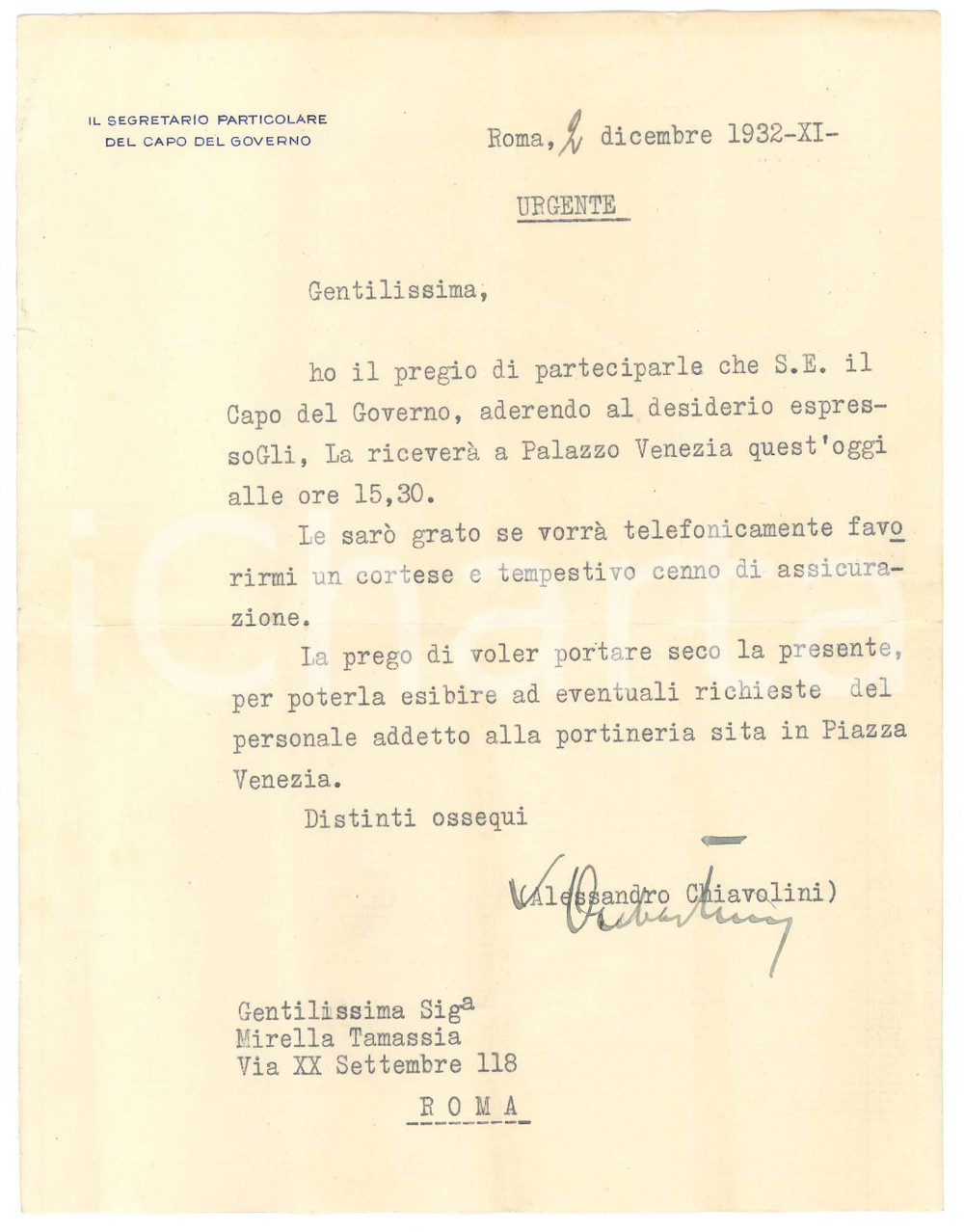 Autografo originale 1932 ROMA Alessandro CHIAVOLINI per incontro Mirella TAMASSIA  Benito Mussolini 1
