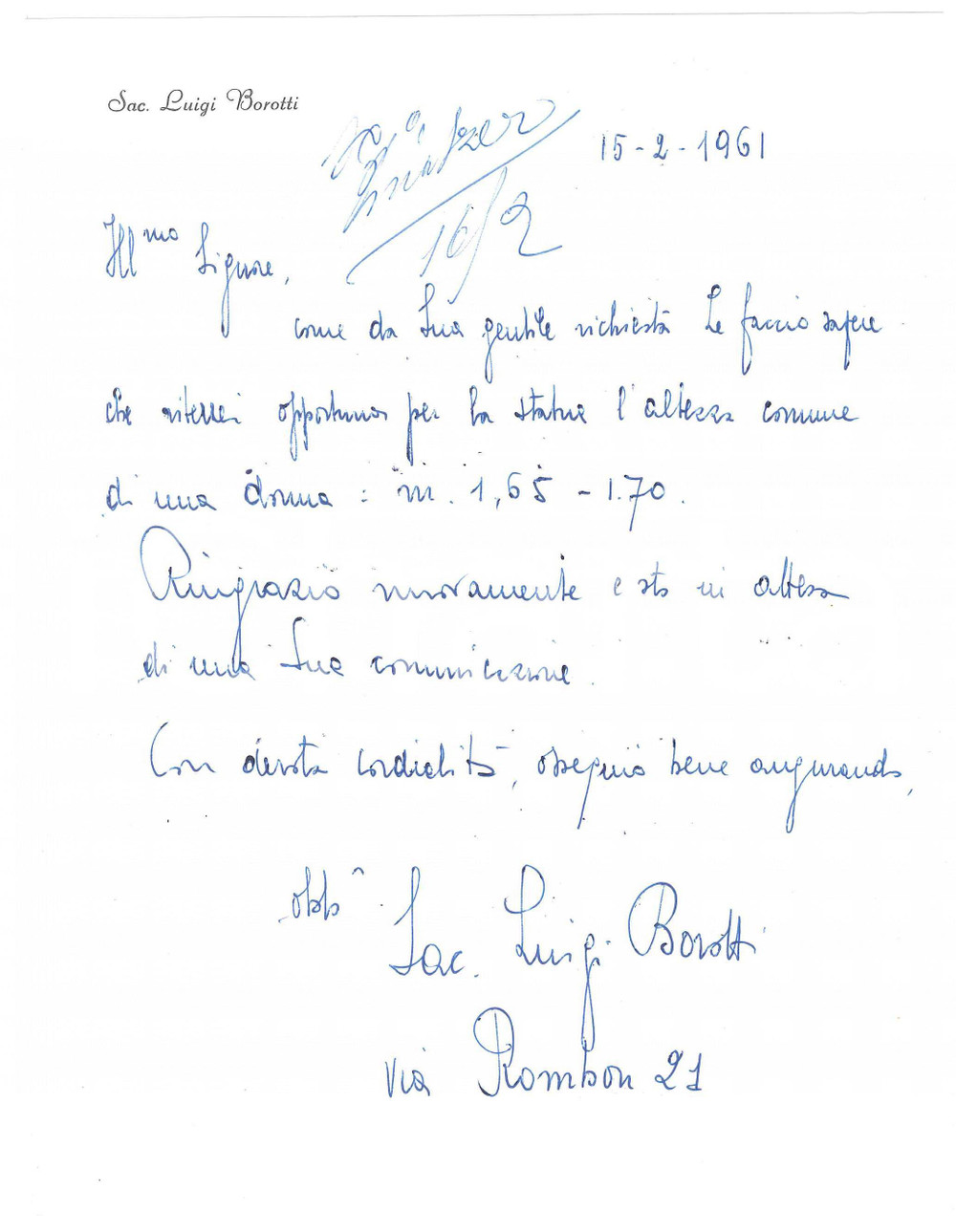 Autografo originale 1961 MILANO Lettera don Luigi BOROTTI per statua Madonna  Autografo 1