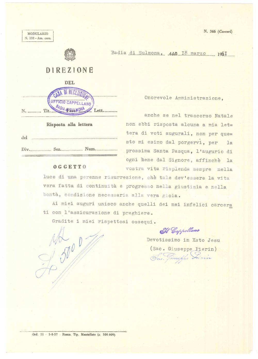 Autografo originale 1961 BADIA DI SULMONA Lettera don Giuseppe PIERIN cappellano carcere AUTOGRAFO 1