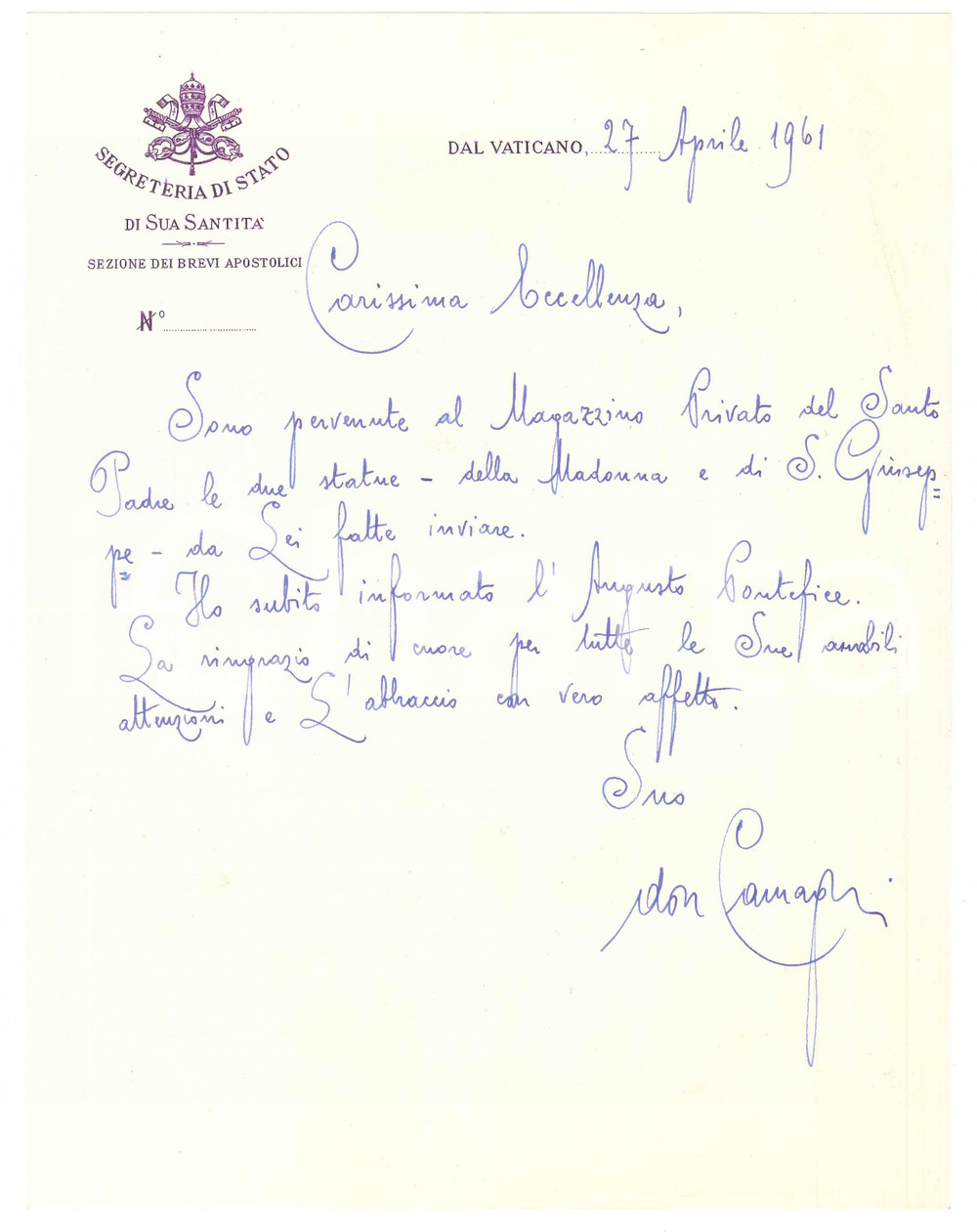 Autografo originale 1961 VATICANO Segreteria di Stato  Lettera don Ernesto CAMAGNI  Autografo 1