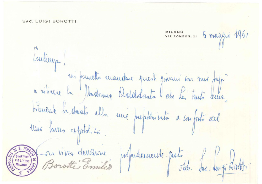 Autografo originale 1961 MILANO Lettera don Luigi BOROTTI per statua Madonna Addolorata  Autografo 1