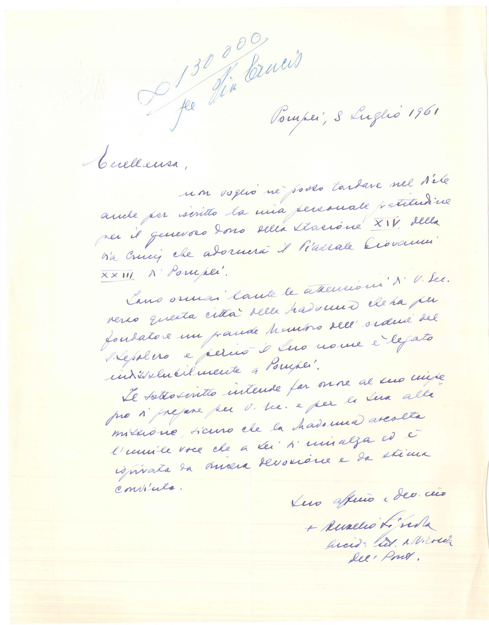 Autografo originale 1961 POMPEI Lettera mons. Aurelio SIGNORA per dono Via Crucis AUTOGRAFO 1