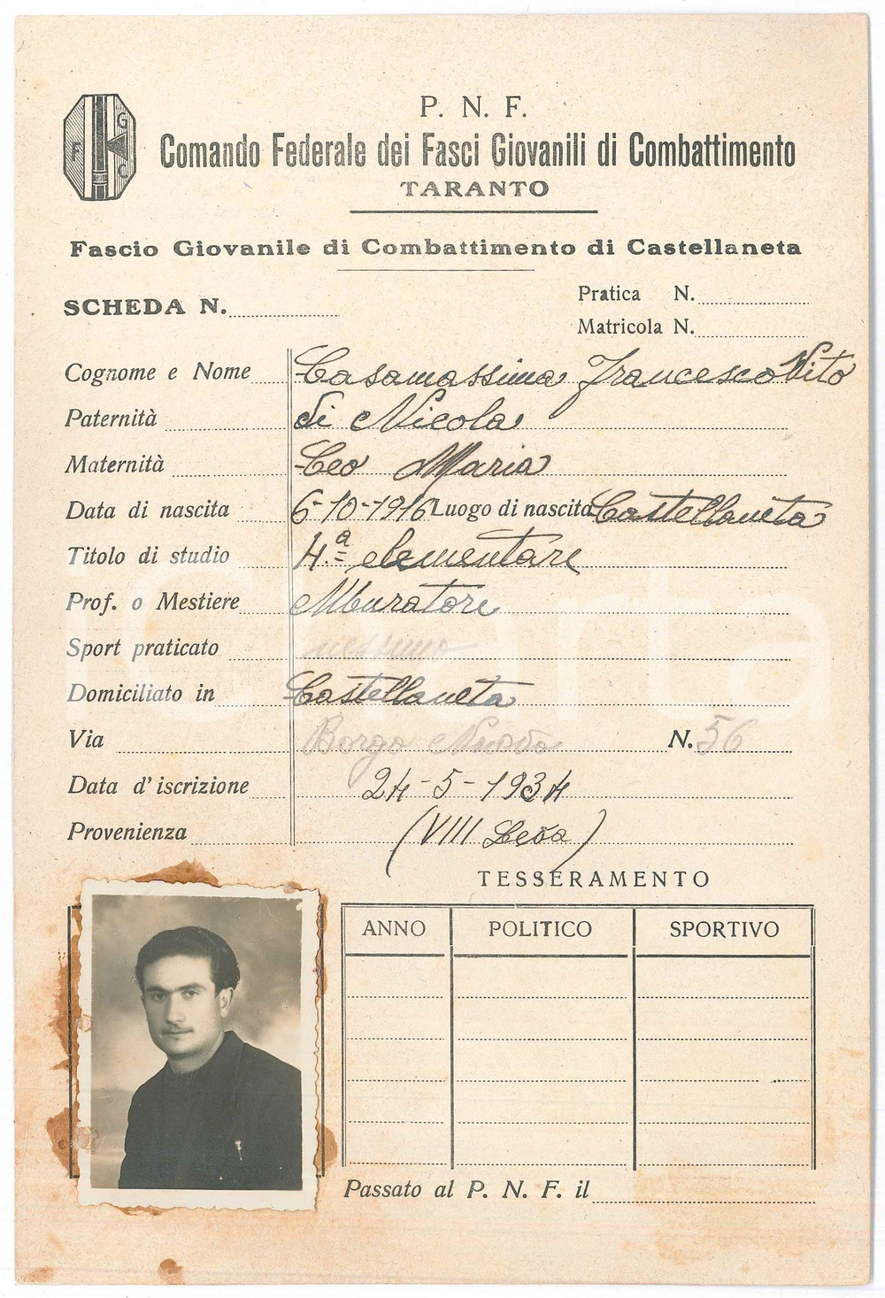 Oggetto da collezione cartaceo 1934 CASTELLANETA PNF Francesco Vito CASAMASSIMA Fascio Giovanile Combattimento 1