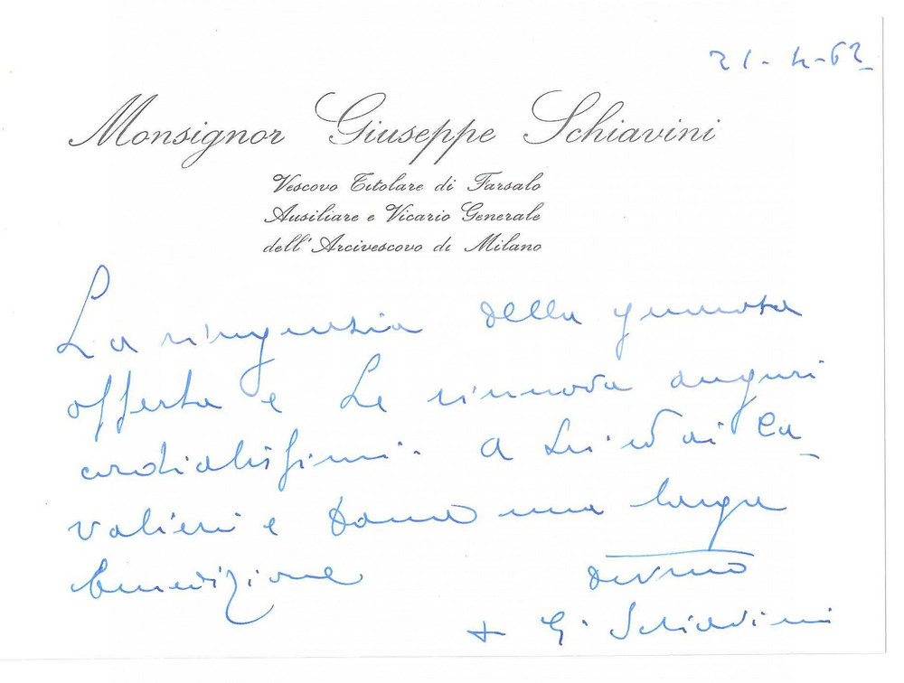 Autografo originale 1962 MILANO Mons. Giuseppe SCHIAVINI vicario generale vescovo AUTOGRAFO 1