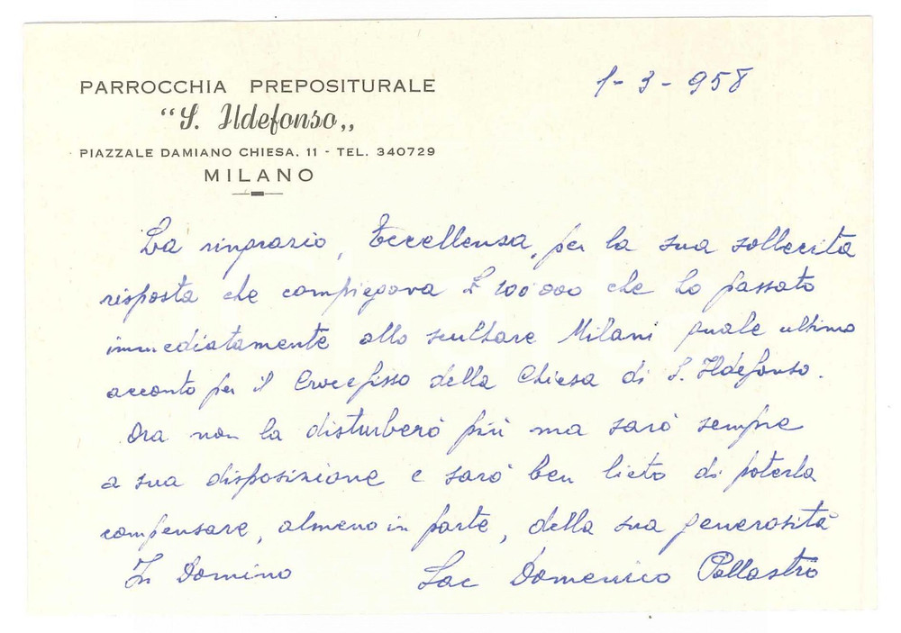 Autografo originale 1958 MILANO Parrocchia S. Ildefonso  Don Domenico POLLASTRO  Autografo 1