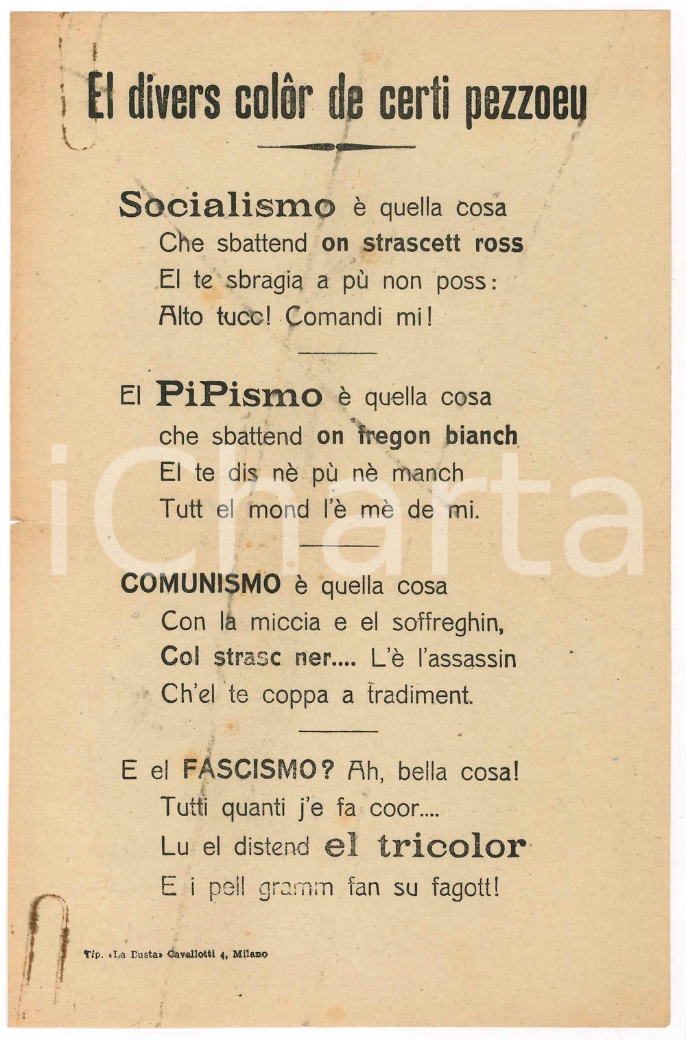 Materiale pubblicitario d’epoca 1950 ca MILANO POLITICA Volantino dialetto  El divers color de certi pezzoeu 1