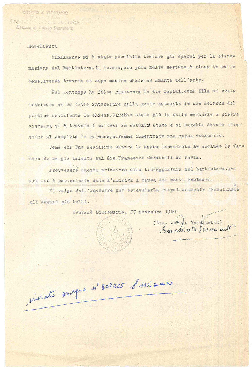 Autografo originale 1960 TRAVACÃ’ SICCOMARIO Don Quinto VERMINETTI per lavori Battistero AUTOGRAFO 1