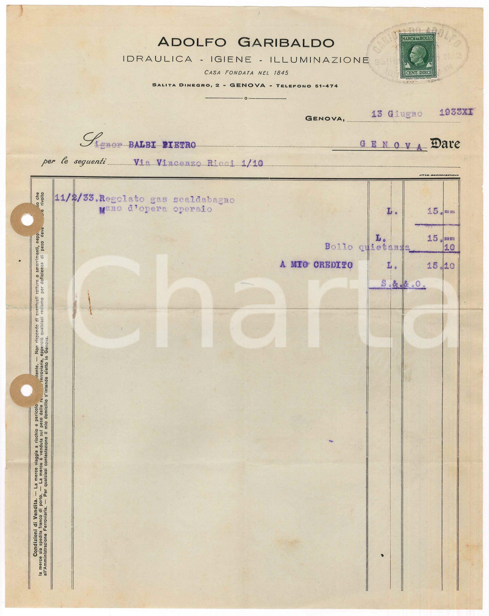 Documento originale, autentico 1933 GENOVA Salita DINEGRO 2  Adolfo GIRIBALDO Idraulica  Igiene Fattura 1