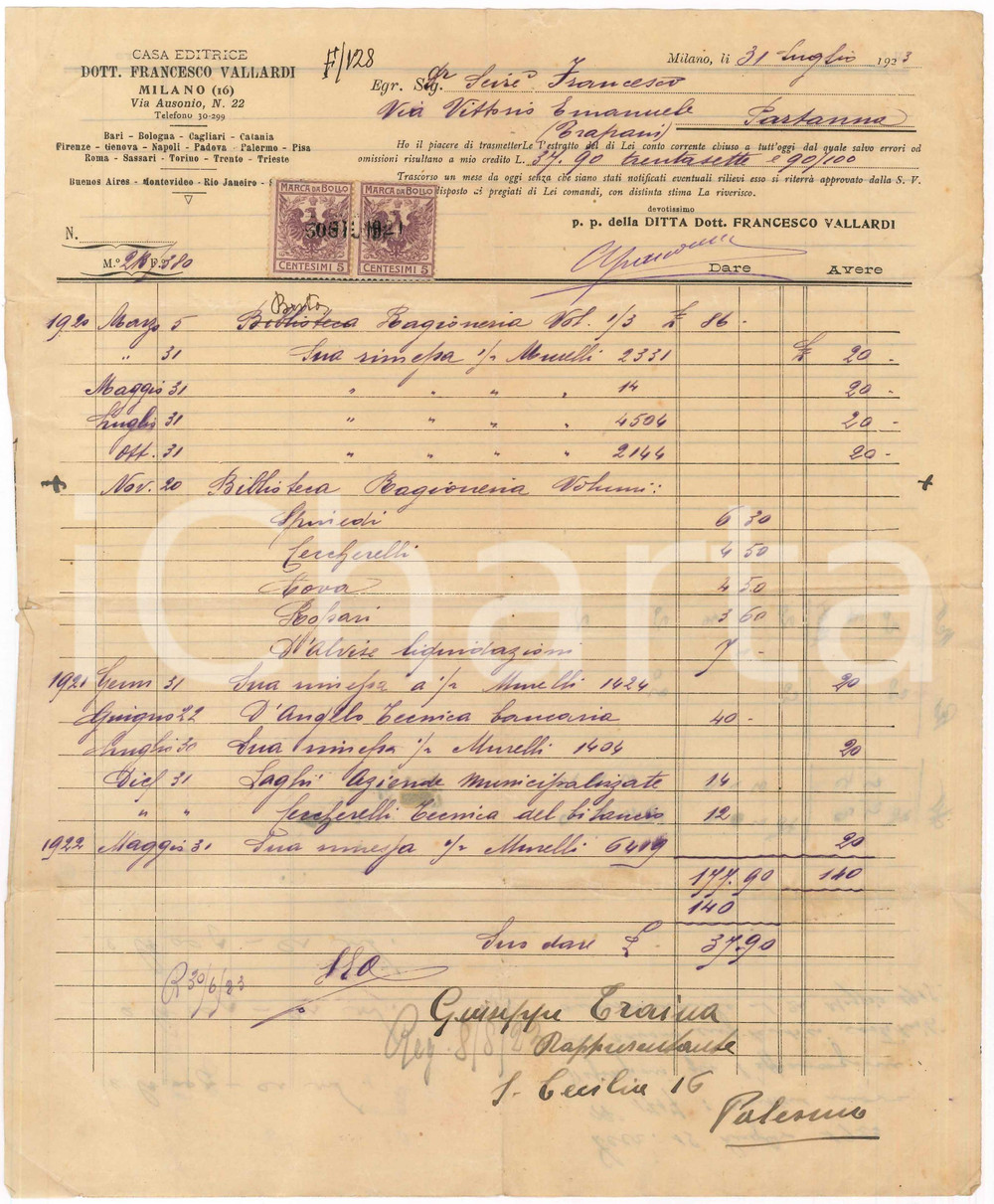 Documento originale, autentico 1923 MILANO Via Ausonio 22  Casa Editrice Francesco VALLARDI  Fattura 1