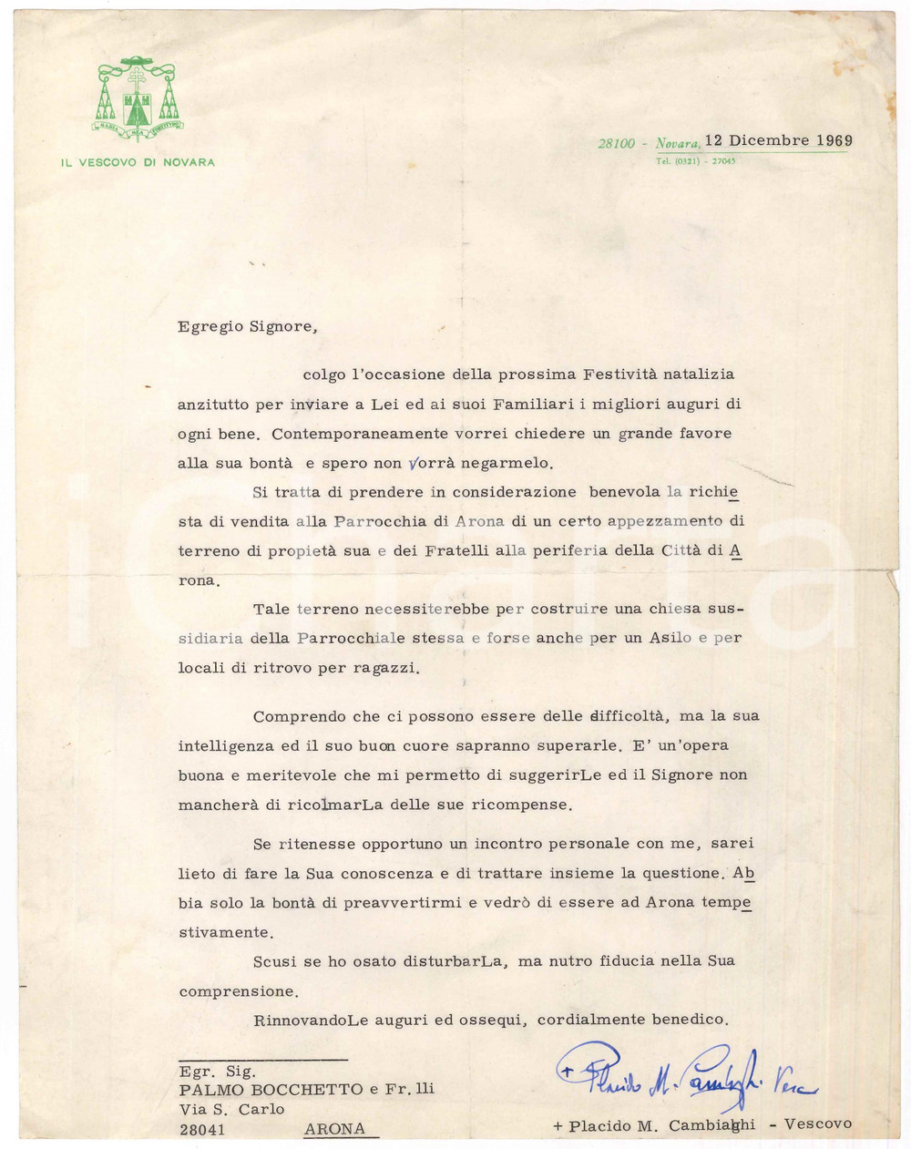 Autografo originale 1969 NOVARA Lettera vescovo Placido M. CAMBIAGHI per vendita terreno AUTOGRAFO 1