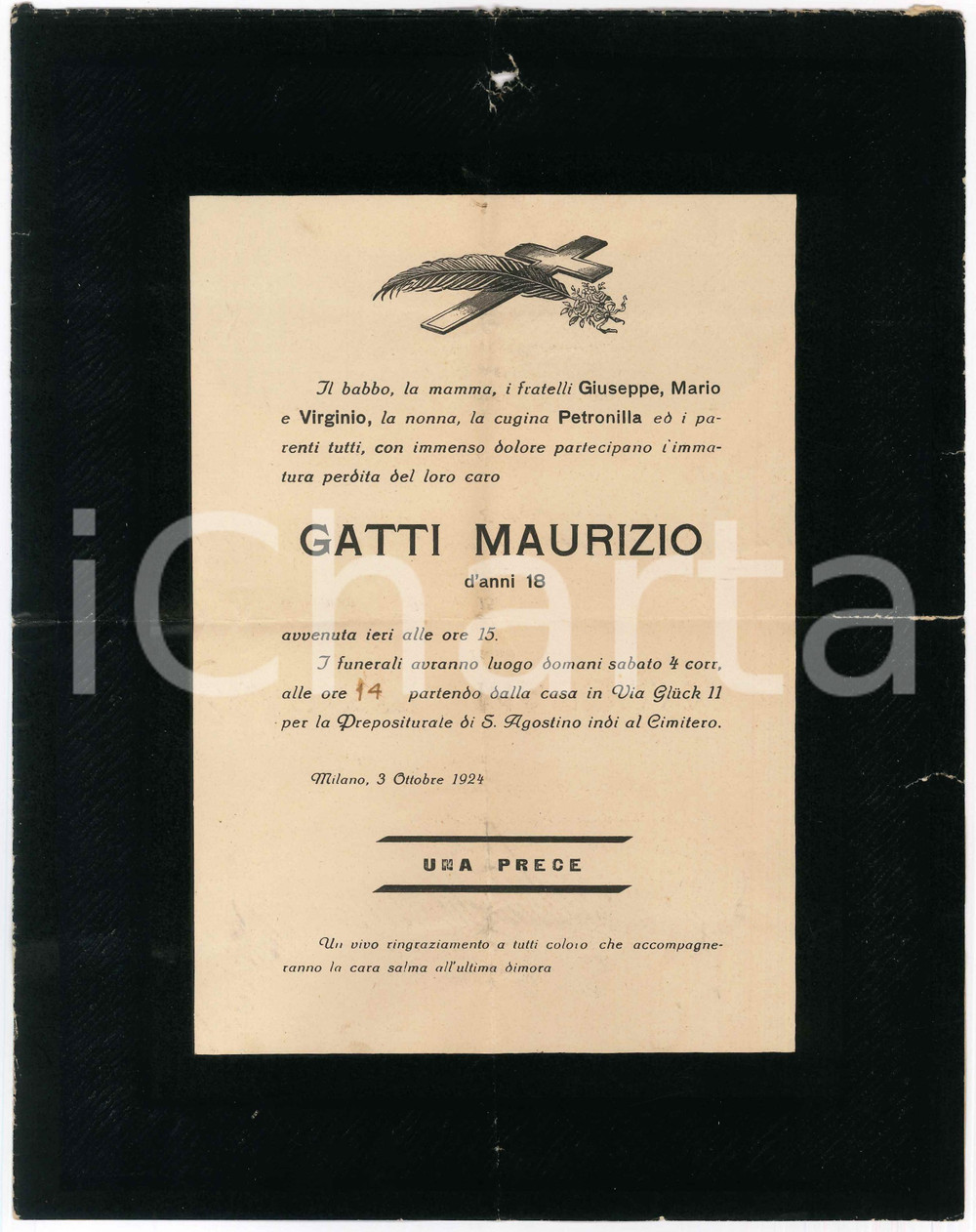 Documento originale, autentico 1924 MILANO Manifesto lutto per Maurizio GATTI anni 18  Incidente sul lavoro 1