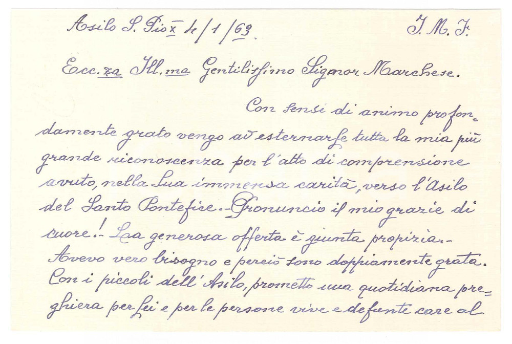 Autografo originale 1963 RIESE PIO X Asilo s. Pio X  Biglietto suor Gabriella TIRELLI Autografo 1