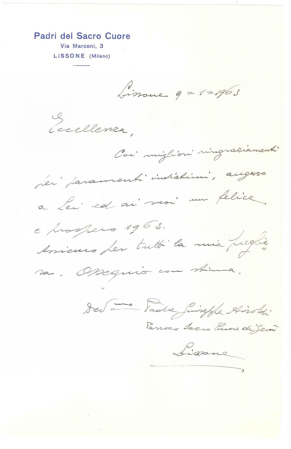 Autografo originale 1963 LISSONE MB Padri SACRO CUORE  Lettera don Giuseppe AIROLDI  Autografo 1