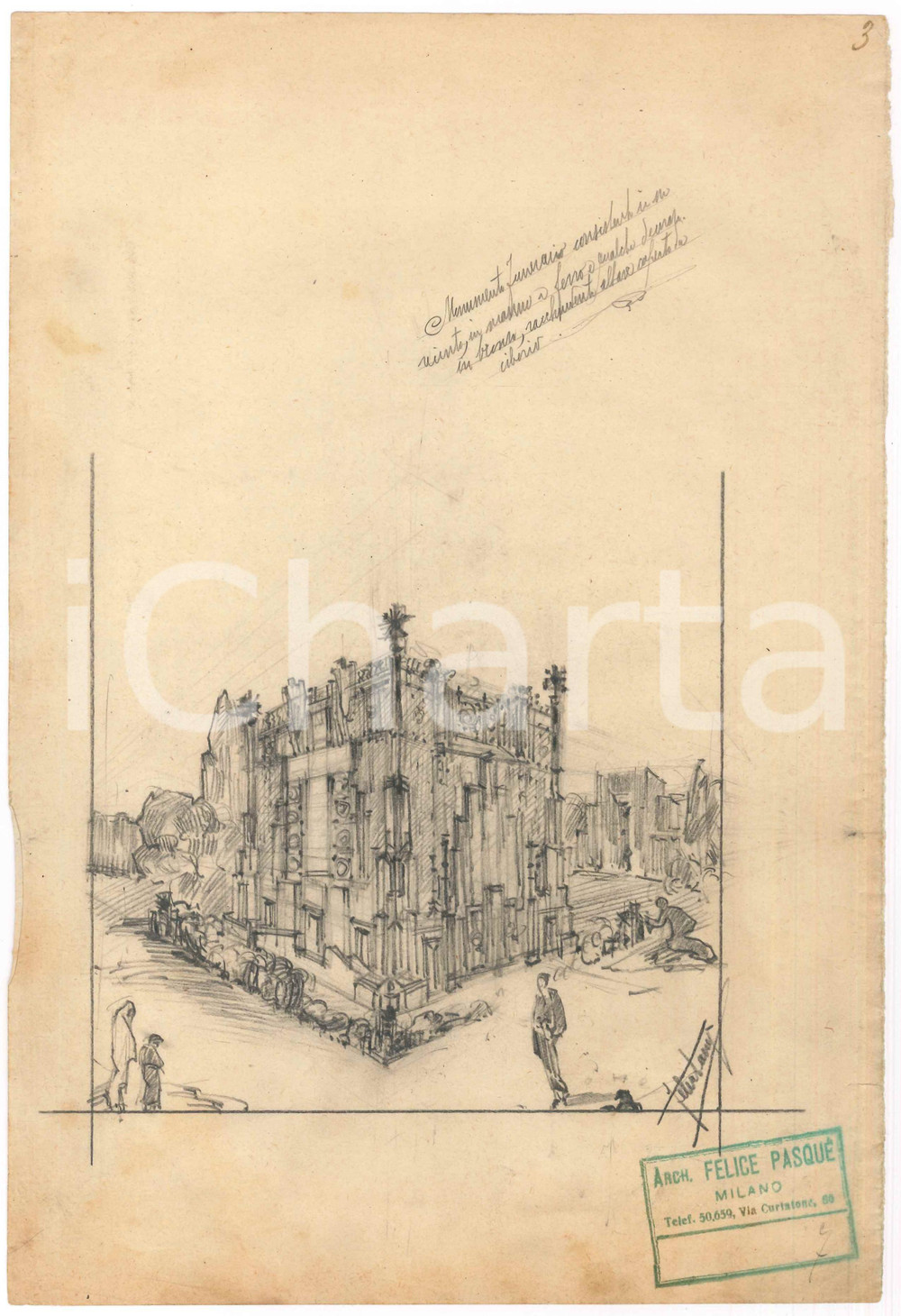 Stampa, bozzetto originale 1925 ca MILANO Arch. Felice PASQUÃˆ  Monumento funerario Bozzetto AUTOGRAFO 2 1