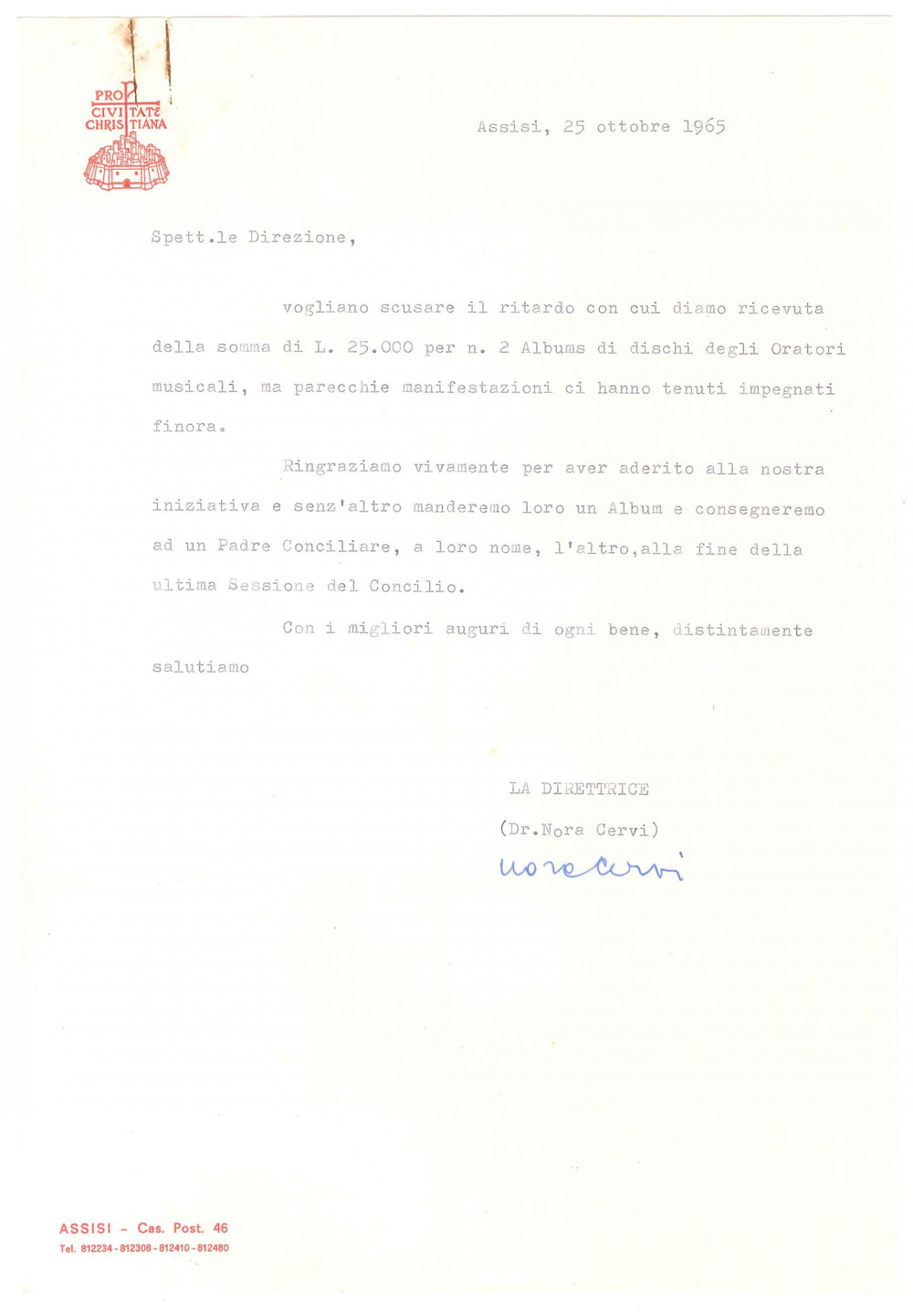 Autografo originale 1965 ASSISI Pro Civitate Christiana  Lettera Nora CERVI direttrice AUTOGRAFO 1