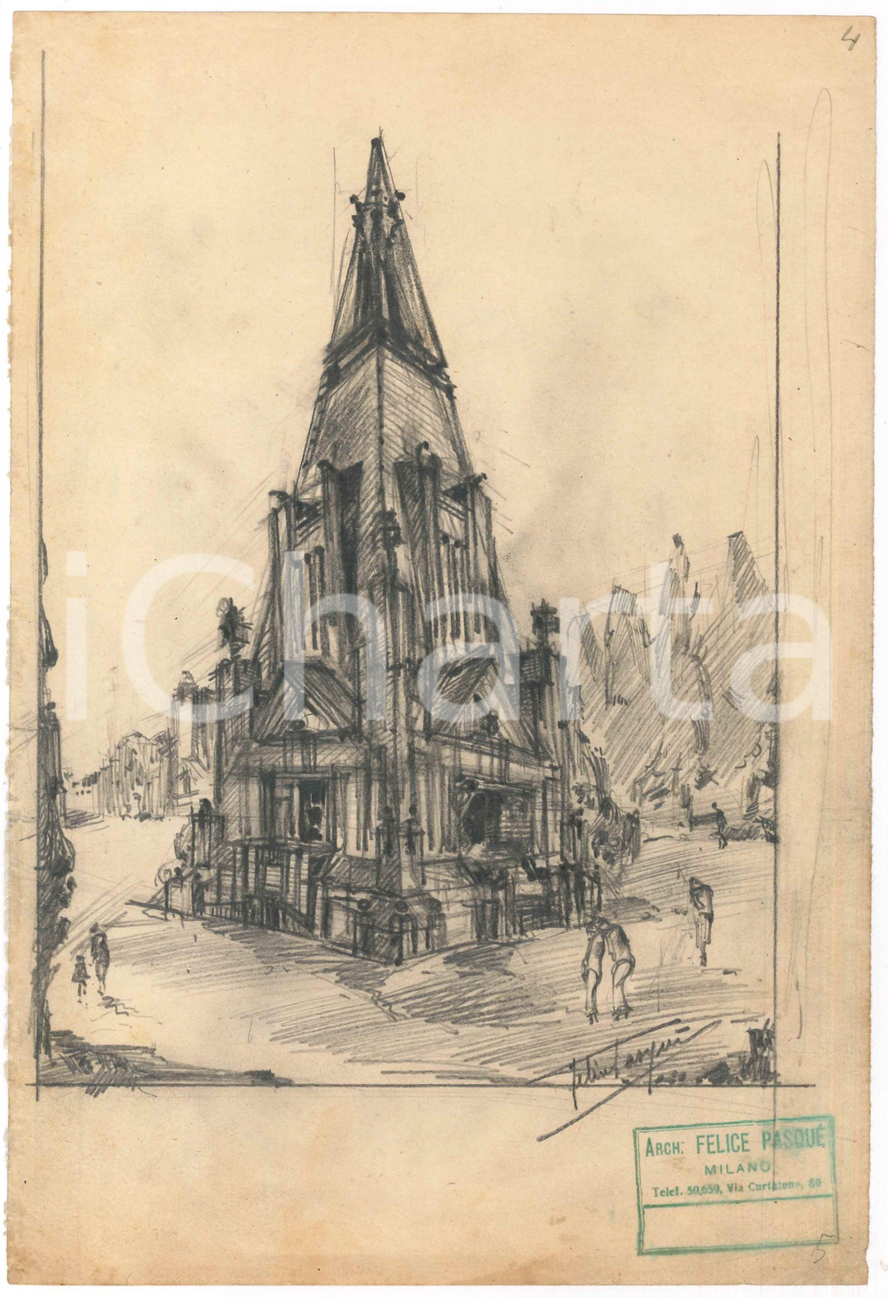 Stampa, bozzetto originale 1925 ca MILANO Arch. Felice PASQUÃˆ  Monumento funerario Bozzetto AUTOGRAFO 5 1