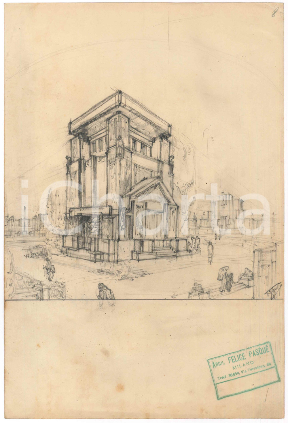 Stampa, bozzetto originale 1925 ca MILANO Arch. Felice PASQUÃˆ  Monumento funerario Bozzetto AUTOGRAFO 7 1