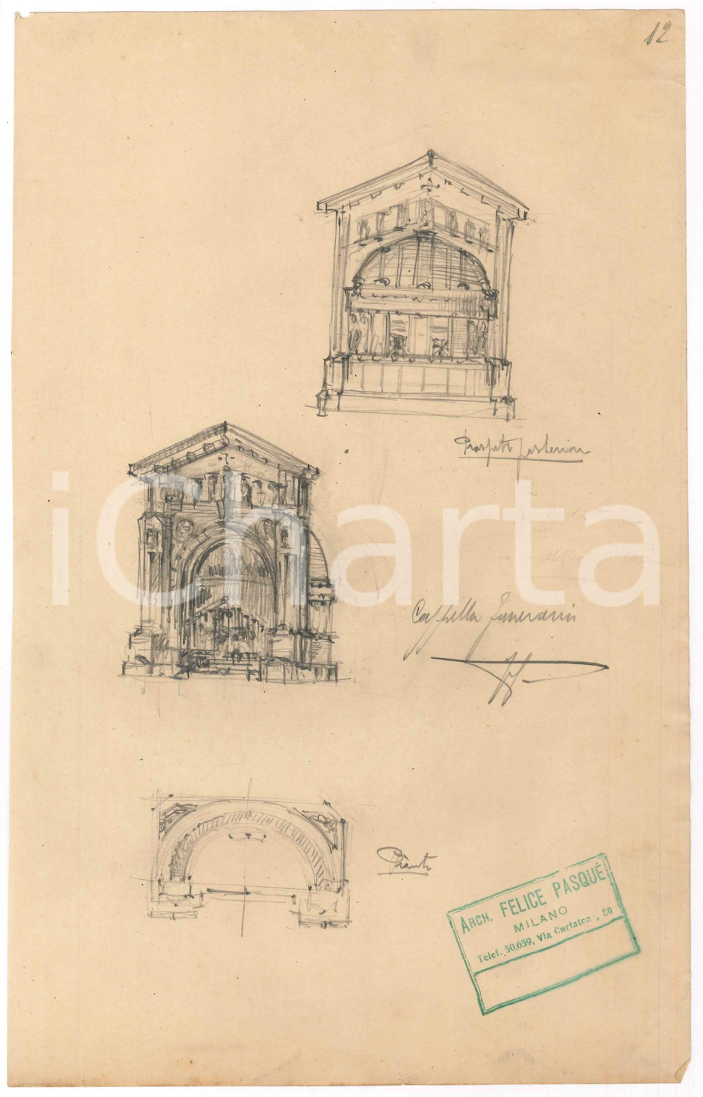 Stampa, bozzetto originale 1925 ca MILANO Arch. Felice PASQUÃˆ  Cappella funeraria Bozzetto 8 1