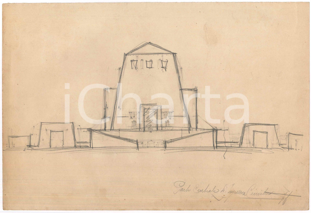 Stampa, bozzetto originale 1925 ca MILANO Arch. Felice PASQUÃˆ  Ingressi a un cimitero Bozzetto 1