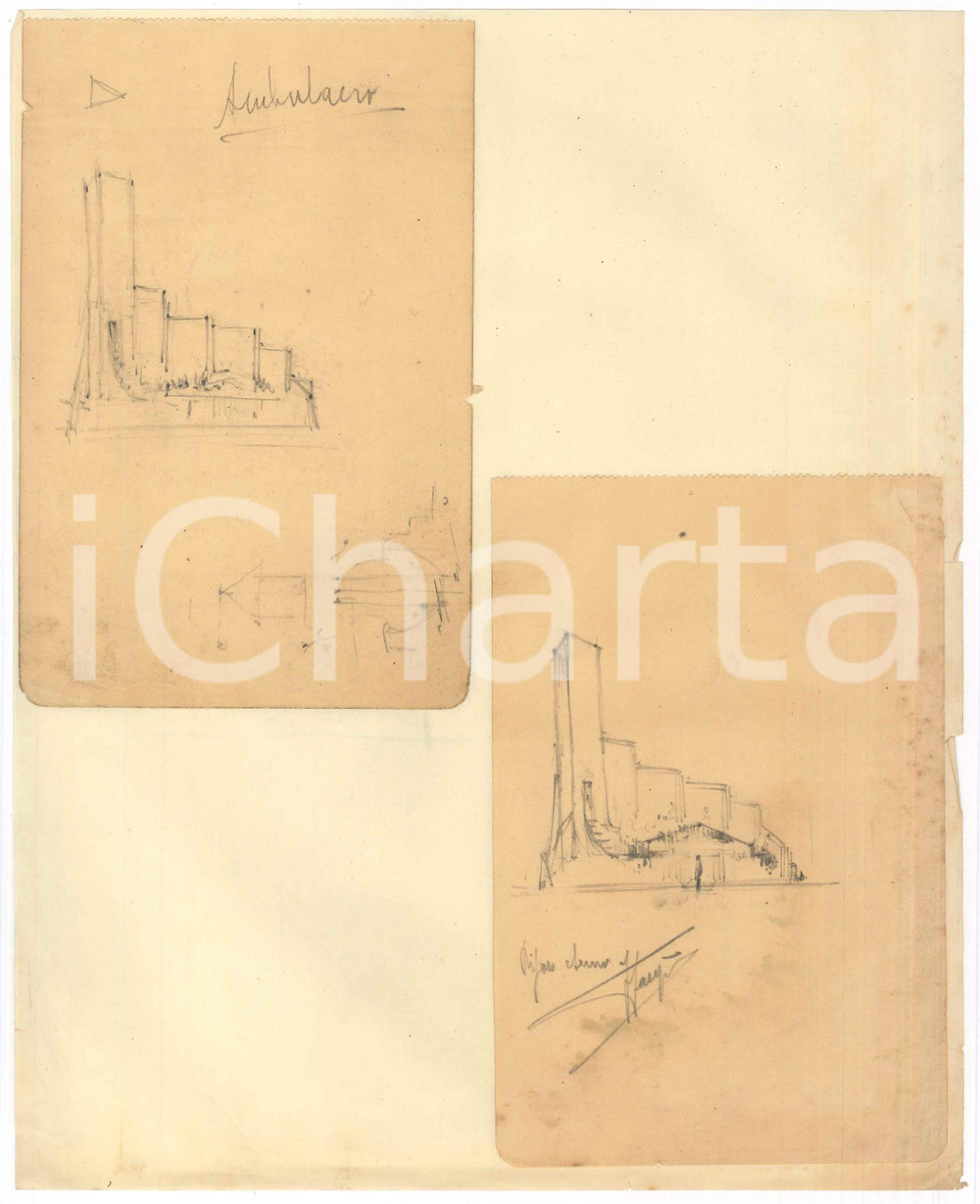 Stampa, bozzetto originale 1925 ca MILANO Arch. Felice PASQUÃˆ  Monumento funebre  Bozzetti AUTOGRAFO 1