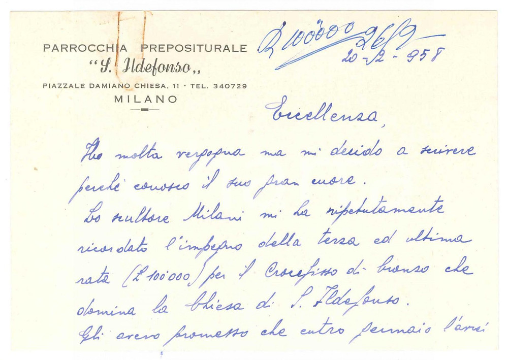 Autografo originale 1958 MILANO Parrocchia S. Ildefonso  Biglietto don Domenico POLLASTRO Autografo 1