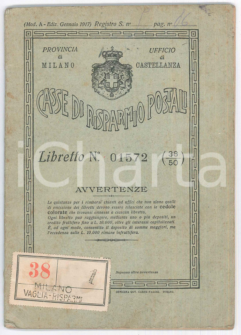 Libro, pubblicazione d epoca 1926 CASTELLANZA Casse di risparmio postali  Libretto al portatore 13x19 cm 1