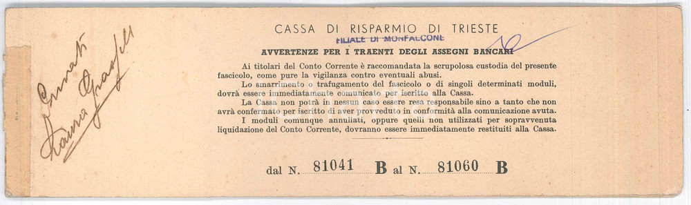 Libro, pubblicazione d epoca 1943 MONFALCONE Cassa di risparmio di TRIESTE Libretto degli assegni 25x7 cm 1