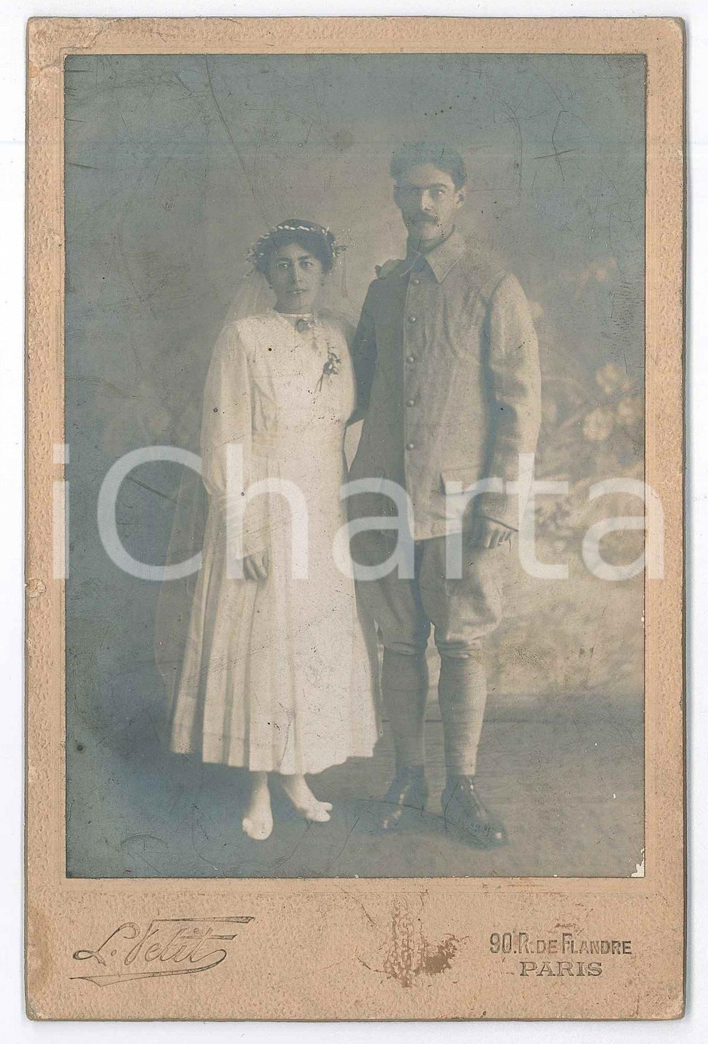 Fotografia d epoca originale 1915 ca WW1 PARIS Soldat avec sa femme le jour de leur mariage  Photo L. PETIT 1