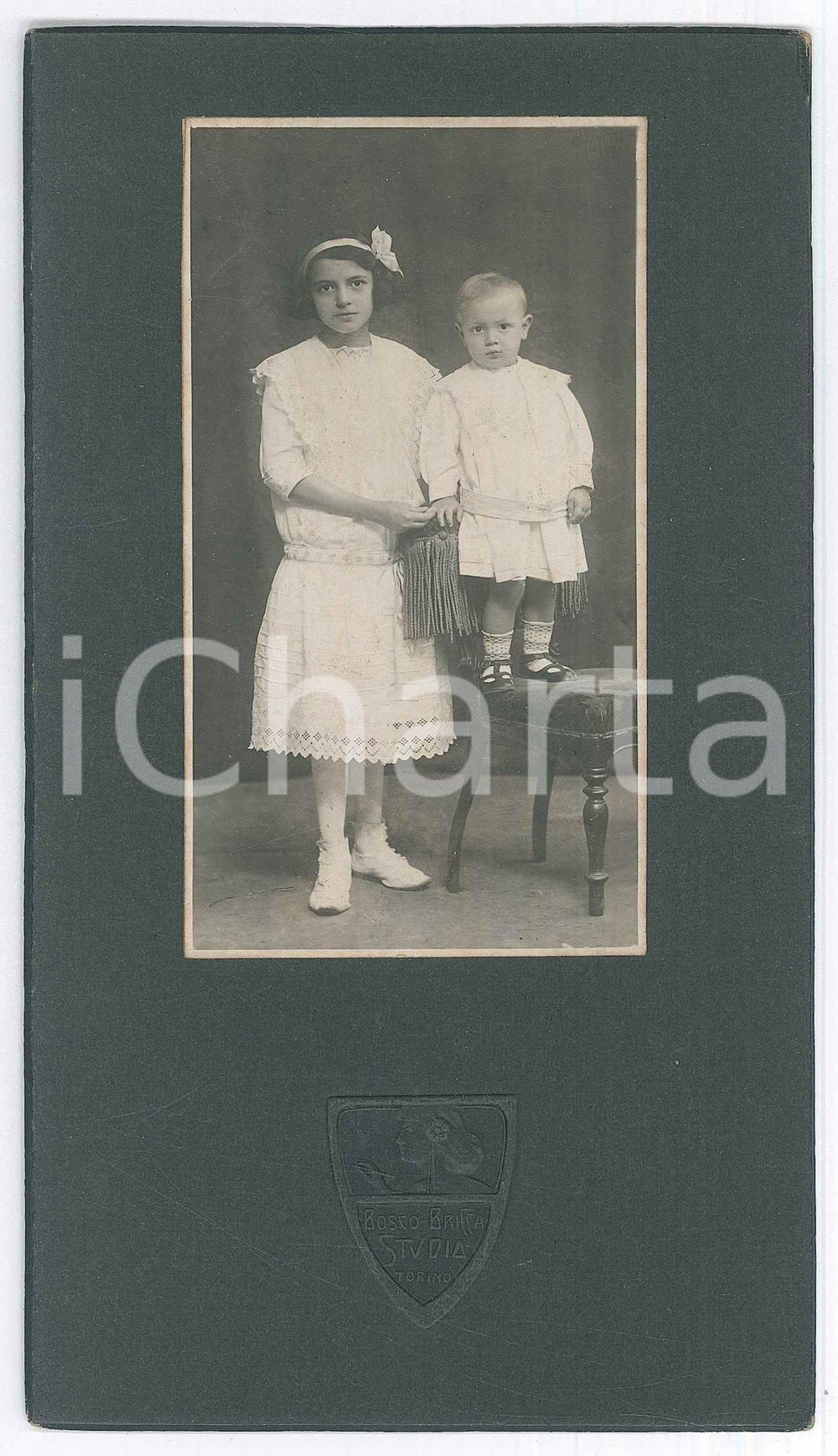 Fotografia d epoca originale 1920 ca TORINO Ritratto di due sorelle bambine  Foto BOSCO & BRITTA 10x19 1