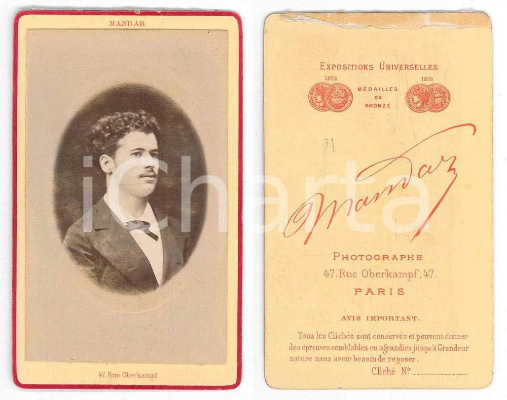 Fotografia d epoca originale 1880 ca PARIS Jeune homme  Portrait  Photo MANDAR CDV 1