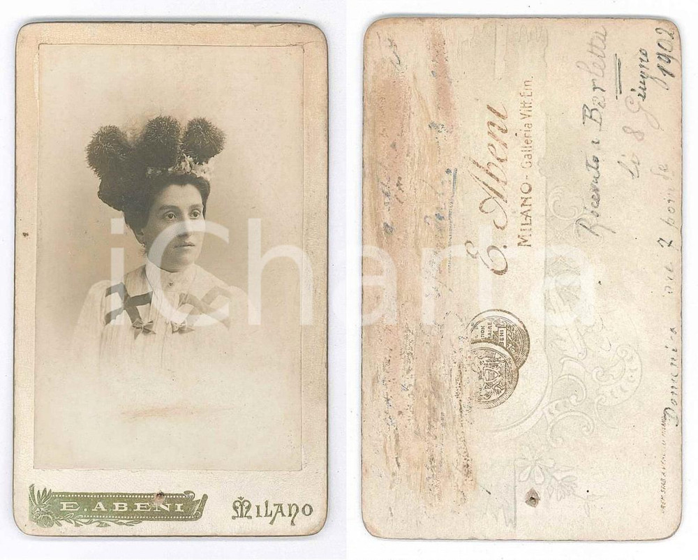 Fotografia d epoca originale 1902 MILANO Donna con cappello decorato  Foto E. ABENI CDV 1