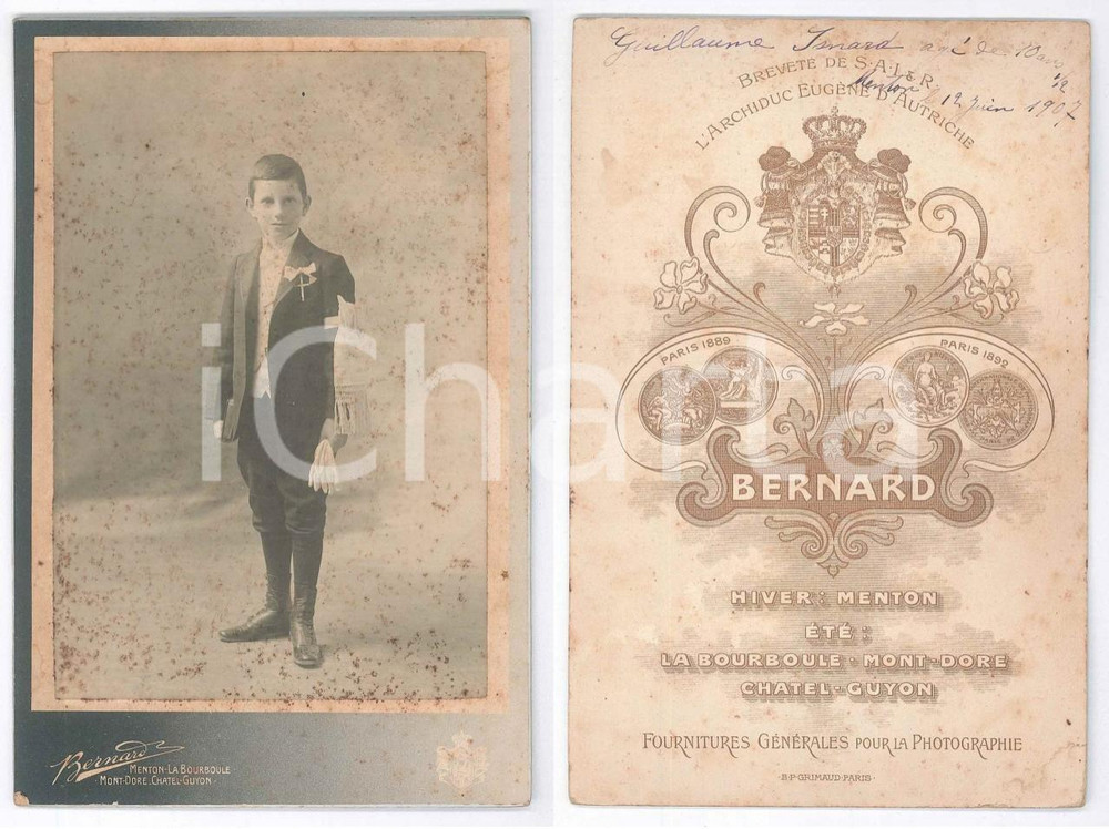 Fotografia d epoca originale 1907 MENTON F Guillaume ISNARD 10 ans PremiÃ¨re Communion Photo BERNARD 1