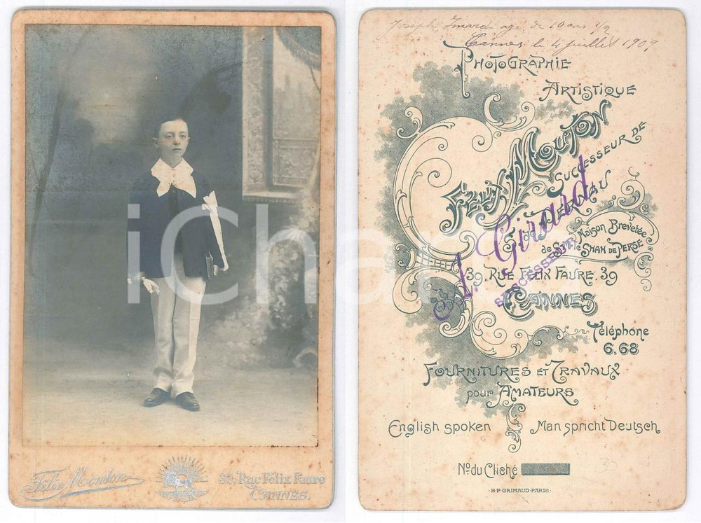 Fotografia d epoca originale 1909 CANNES F Joseph ISNARD 10 ans PremiÃ¨re Communion Photo MOUTON 1