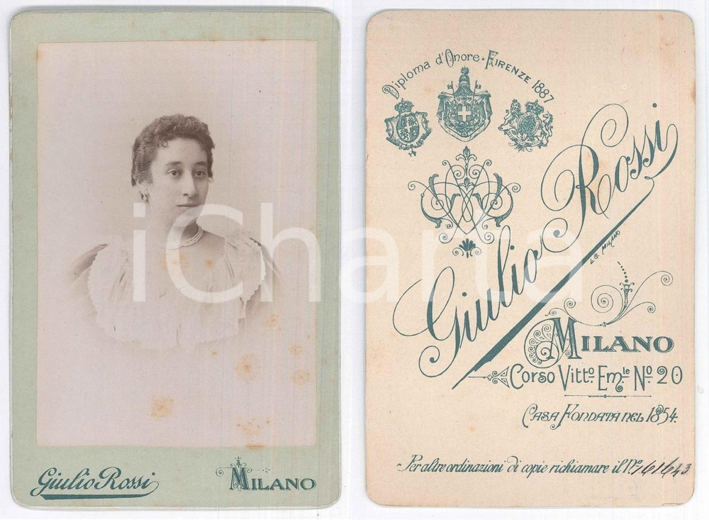 Fotografia d epoca originale 1890 ca MILANO Giovane donna con colletto in pizzo  Ritratto Foto Giulio ROSSI 1