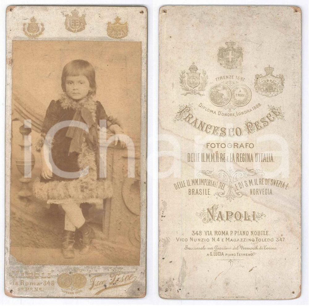 Fotografia d epoca originale 1890 ca NAPOLI Bambina con soprabito in pelliccia  Foto Francesco PESCE 1