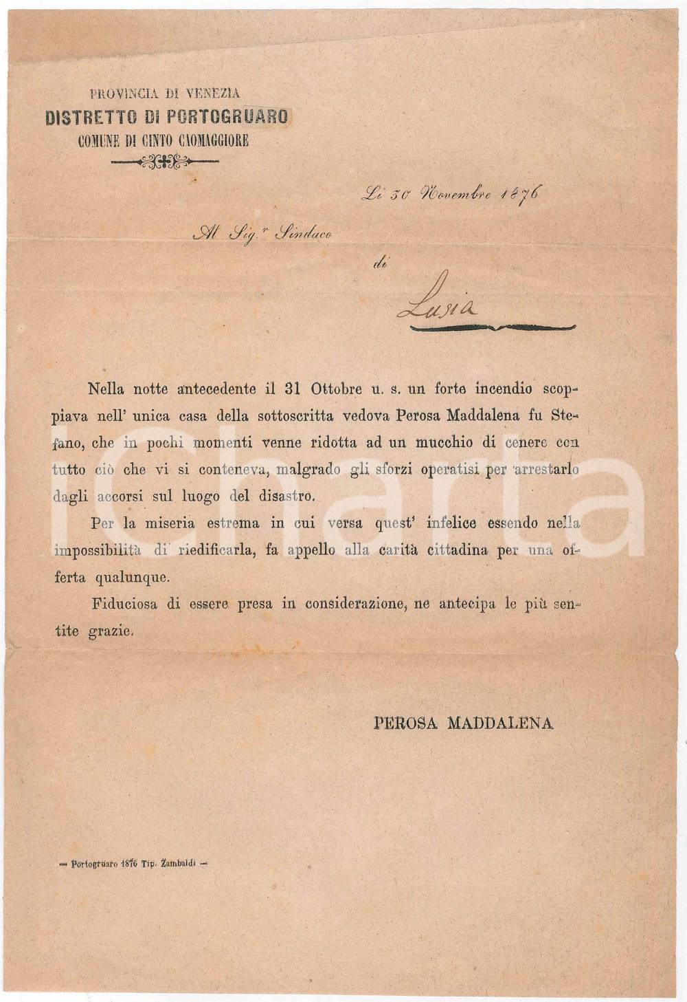 Documento originale, autentico 1876 CINTO CAOMAGGIORE VE CaritÃ  a vedova Maddalena PEROSA per casa incendiata 1