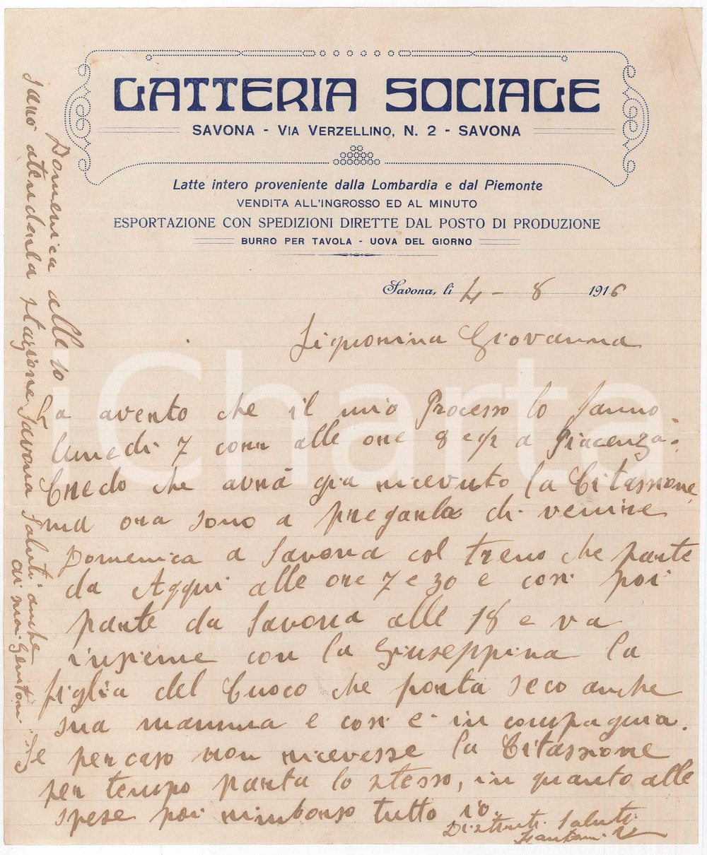 Manoscritto, lettera originale 1916 SAVONA Via Verzellino  LATTERIA SOCIALE  Lettera su carta intestata 1