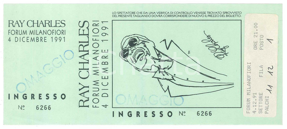 Oggetto da collezione cartaceo 1991 ASSAGO Mediolanum Forum  Concerto Ray Charles  Biglietto 1