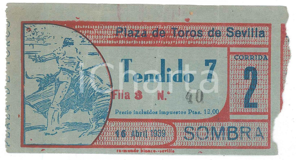 Oggetto da collezione cartaceo 1939 SEVILLA ESPAÃ‘A Plaza de Toros  Biglietto per corrida 1