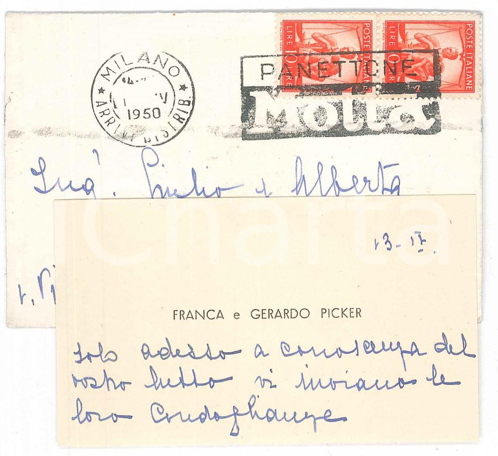 Autografo originale 1950 MILANO Franca e Gerardo PICKER  Biglietto AUTOGRAFO condoglianze 1