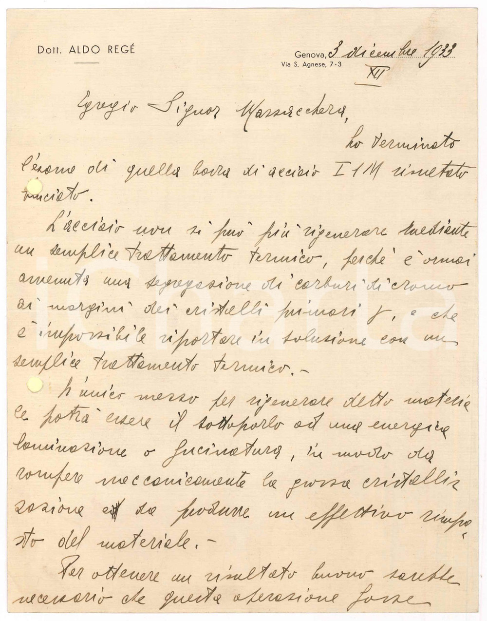 Manoscritto, lettera originale 1933 GENOVA Lettera Aldo REGE  su rigenerazione barra d acciaio  Autografo 1