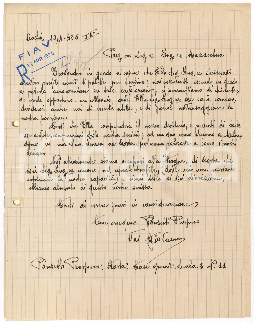 Manoscritto, lettera originale 1935 AOSTA Lettera ditta PONSETTI e VAI per fornitura palette per turbine 1