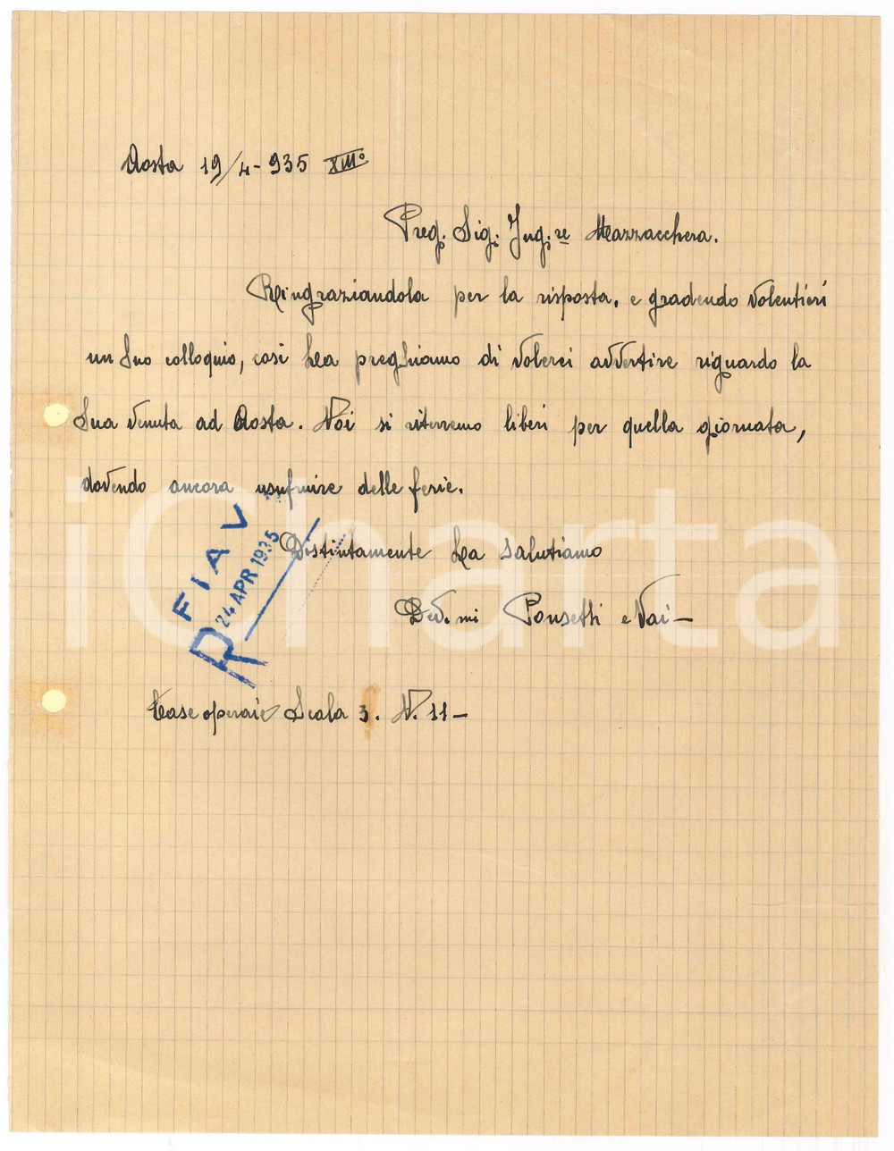 Manoscritto, lettera originale 1935 AOSTA Lettera ditta PONSETTI e VAI per visita di un tecnico 1