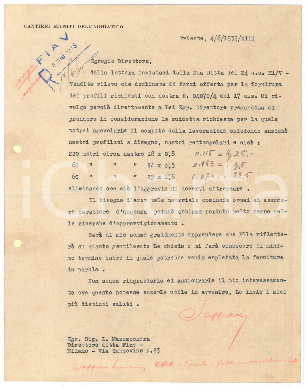 Manoscritto, lettera originale 1935 TRIESTE Cantieri Riuniti Adriatico  Lettera Luciano SAFFARO  Autografo 1
