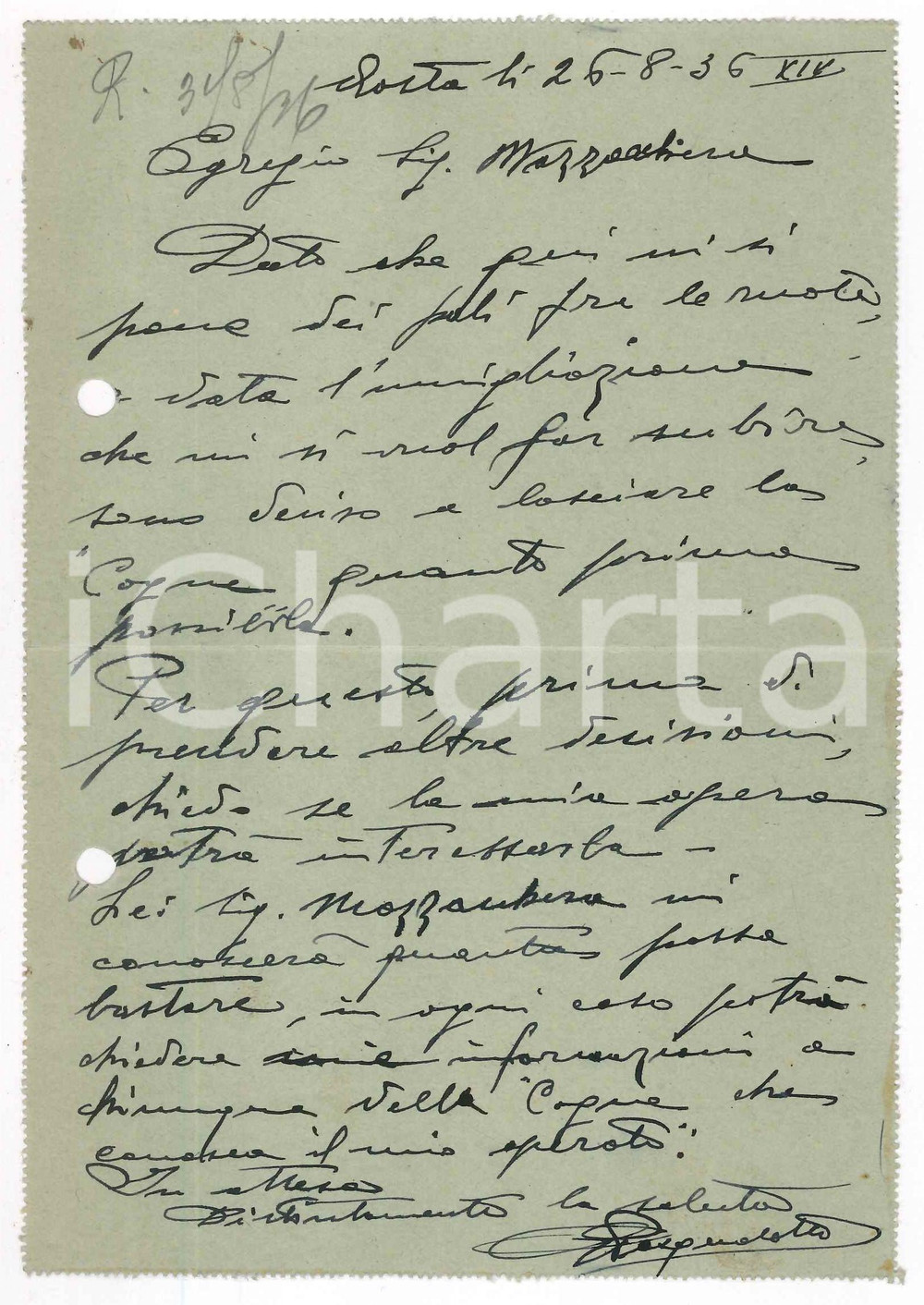 Manoscritto, lettera originale 1936 AOSTA Lettera ing. PASQUALOTTO intenzionato a lasciare la SocietÃ  COGNE 1